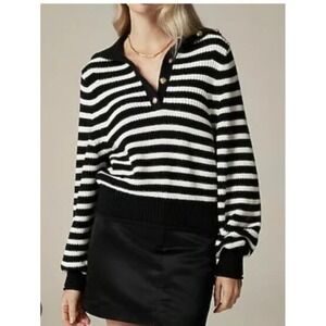 J.Crew Striped Polo Sweater Womens XS Black White Excellent Gold Crest Buttons